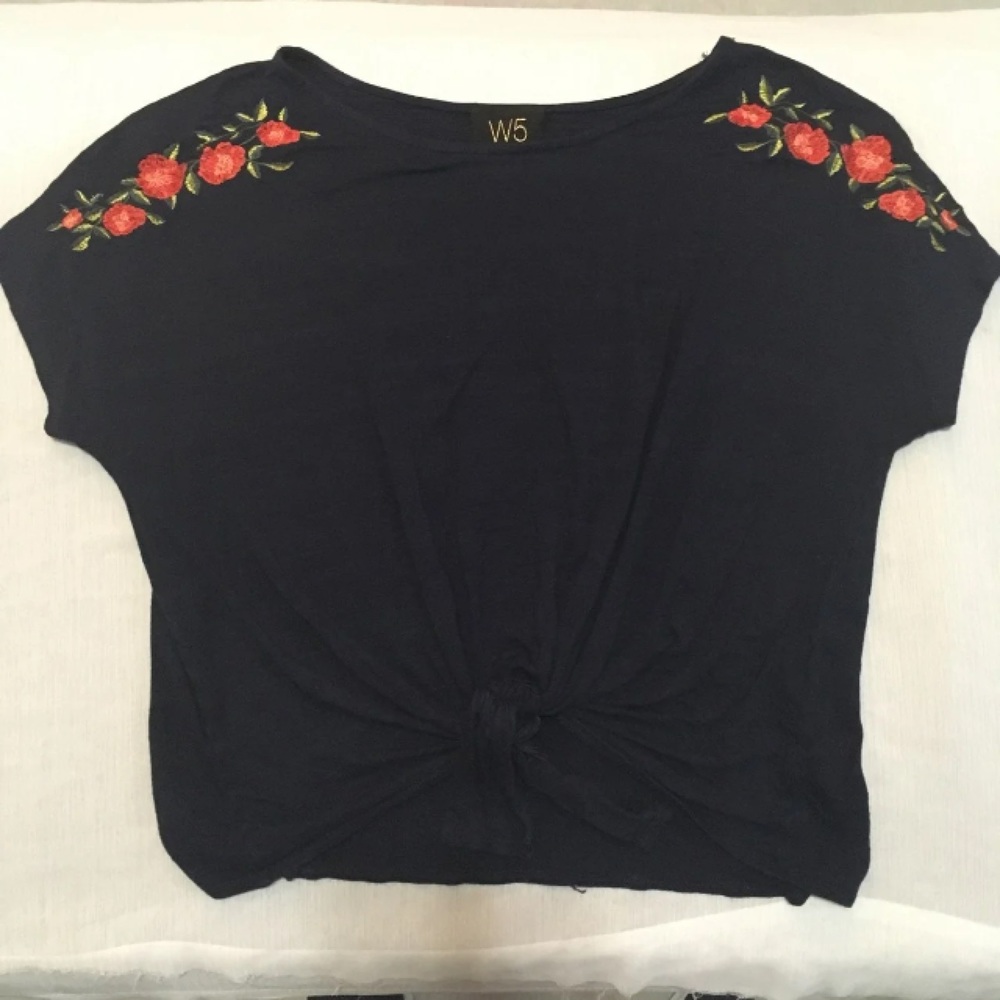 Navy tie front shirt with embroidered flowers.